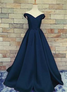 Picture of Navy Blue Satin Sweetheart A-line Handmade Formal Dresses, Blue Long Prom Dresses